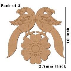 Two cardboard cutouts of parrots and a flower with dimensions on a white background