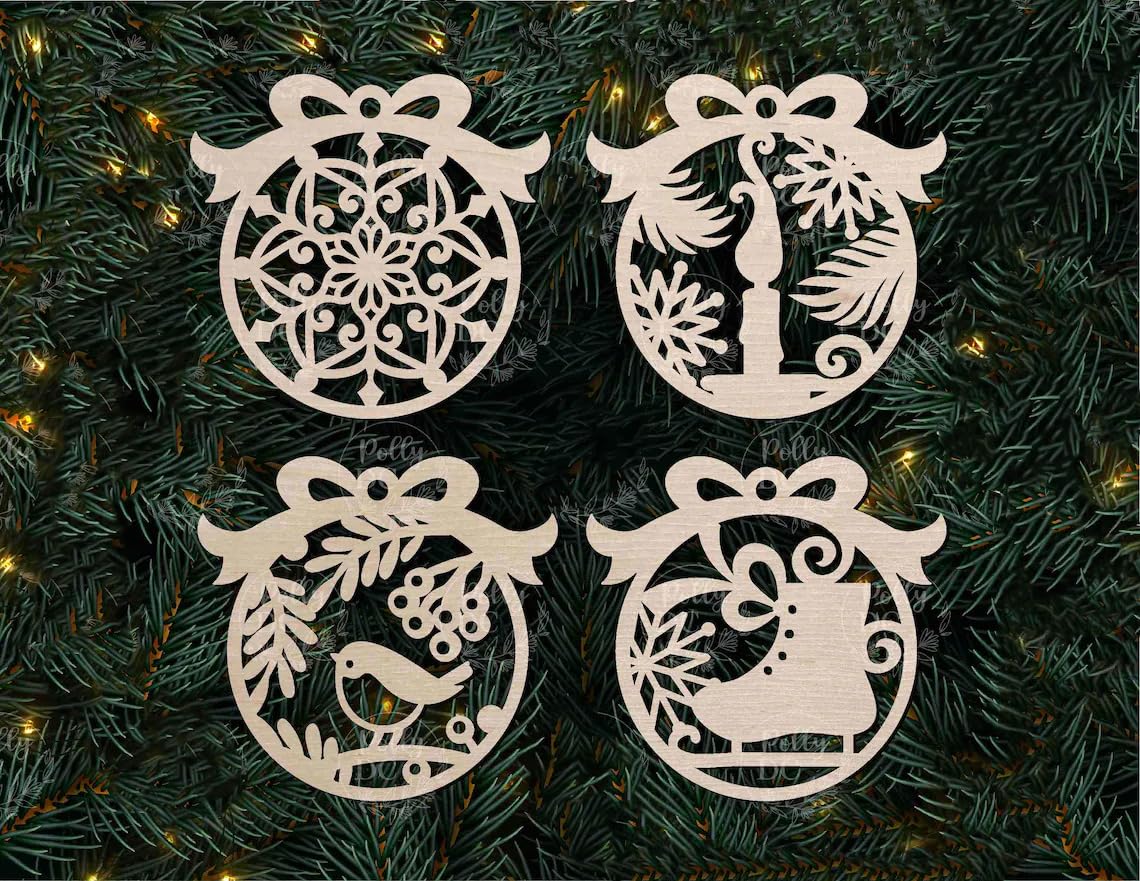 Four decorative Christmas ornaments on a green pine branch with lights.