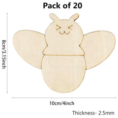 Wooden bee-shaped cutout with dimensions and pack size on a white background