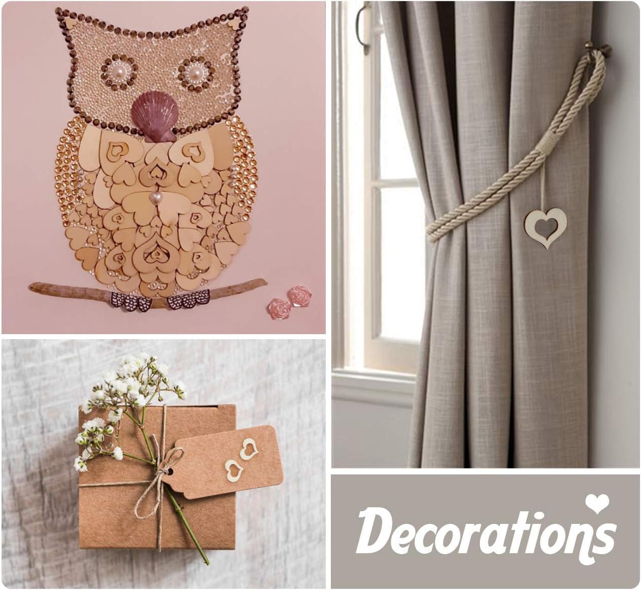 Collage of home decor items including an owl decoration, a curtain with heart-shaped tieback, and a wrapped gift with flowers.
