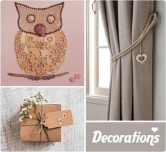 Collage of home decor items including an owl decoration, a curtain with heart-shaped tieback, and a wrapped gift with flowers.