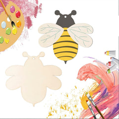 Painted bee shapes with a paint palette and brushes on a colorful abstract background