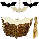 Set of wooden bat shapes with black and beige options, tassels, and string on a white background.