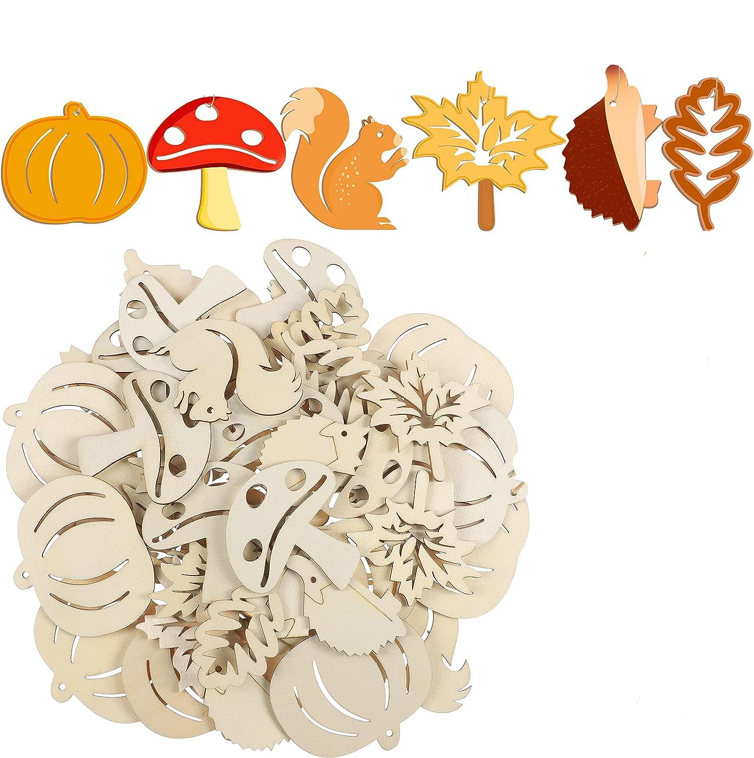 Wooden cutouts of autumn-themed shapes including pumpkins, leaves, and a squirrel on a white background.