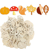 Wooden cutouts of autumn-themed shapes including pumpkins, leaves, and a squirrel on a white background.