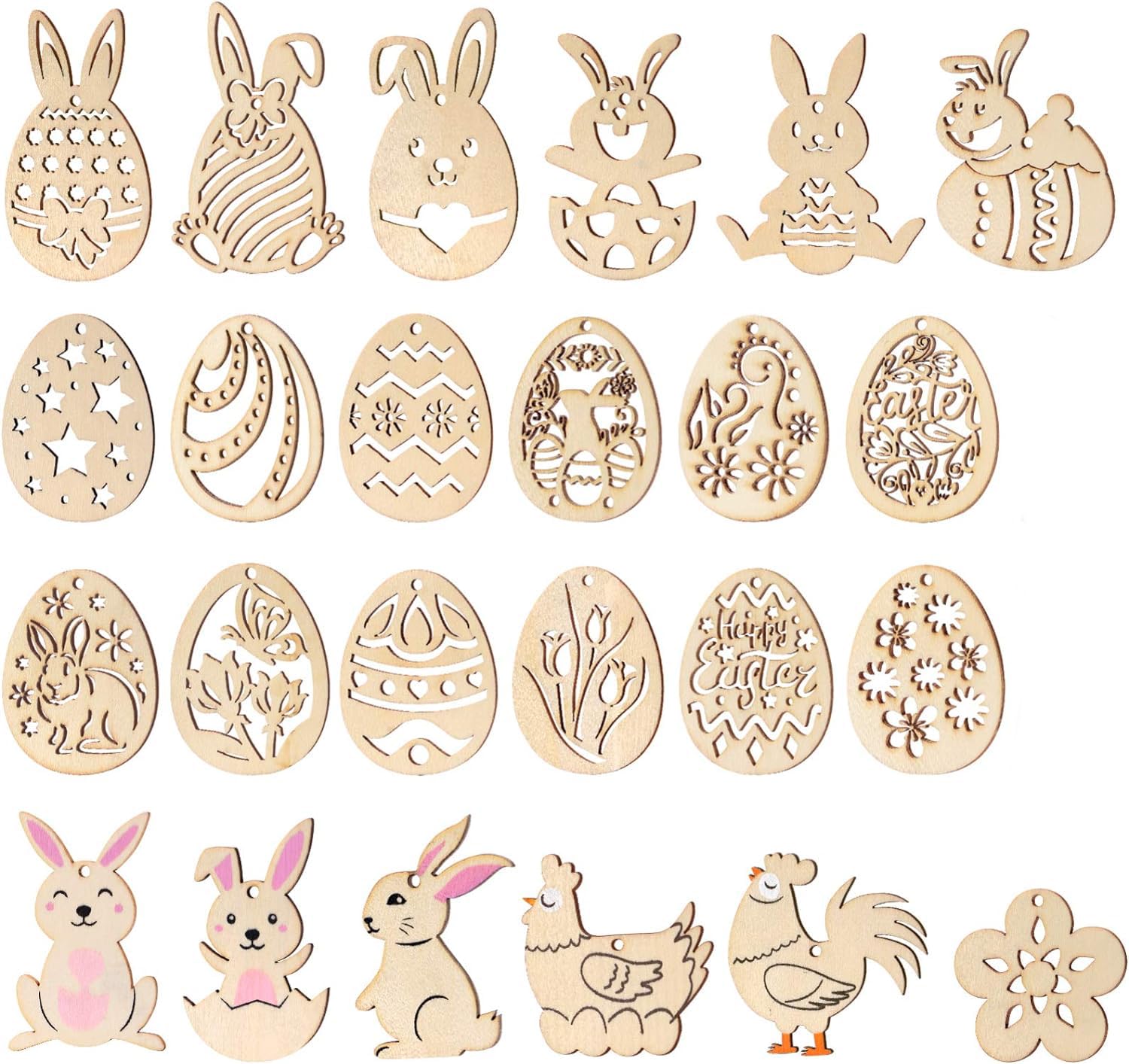 Set of wooden Easter decorations including rabbits, eggs, and chickens on a white background