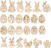 Set of wooden Easter decorations including rabbits, eggs, and chickens on a white background