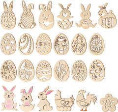 Set of wooden Easter decorations including rabbits, eggs, and chickens on a white background