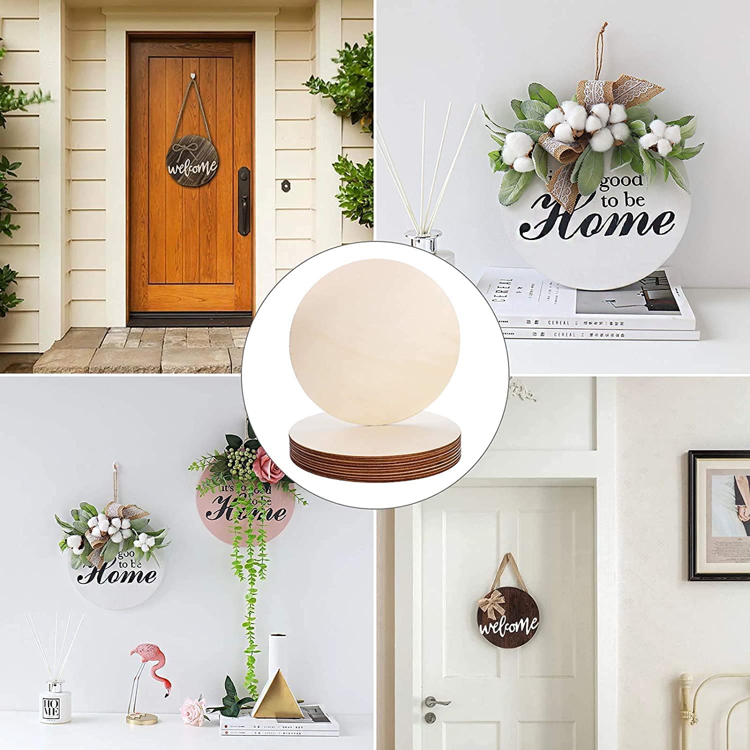 Decorative signs with floral designs and 'Welcome' text on a door and wall.