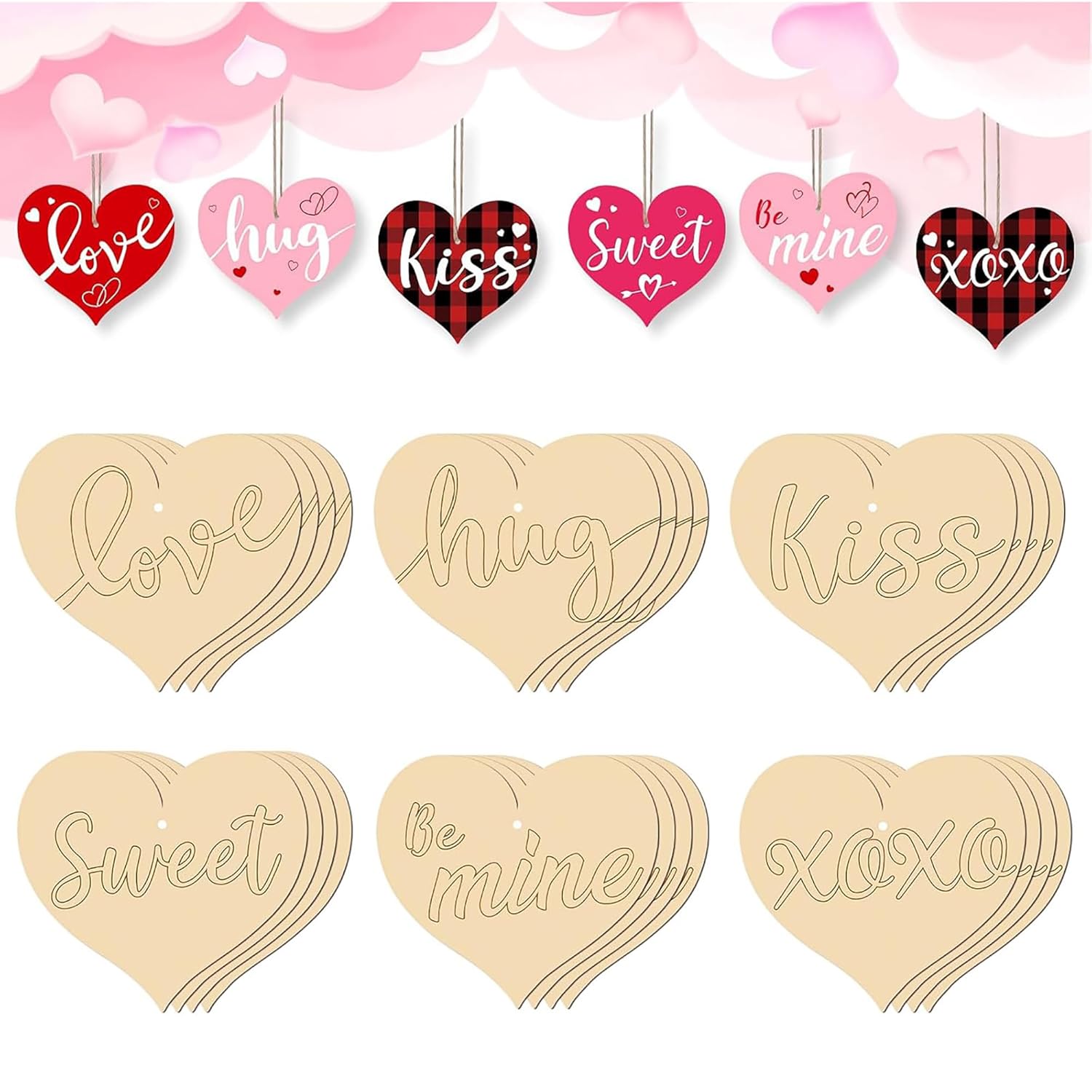 Heart-shaped wooden decorations with engraved words on a pink background