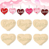 Heart-shaped wooden decorations with engraved words on a pink background