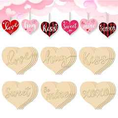 Heart-shaped wooden decorations with engraved words on a pink background