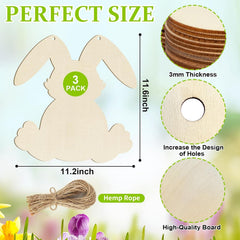 Wooden bunny cutout with measurements and materials details on a floral background