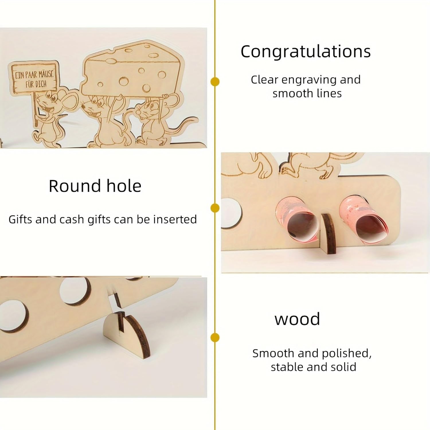 Wooden decorative item with round holes for gifts, engraved text, and wooden texture.