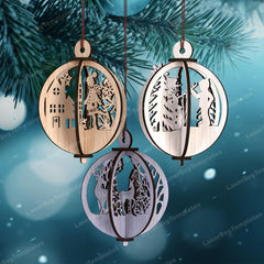 Three wooden Christmas ornaments with laser-cut designs of a nativity scene on a blue snowy background.