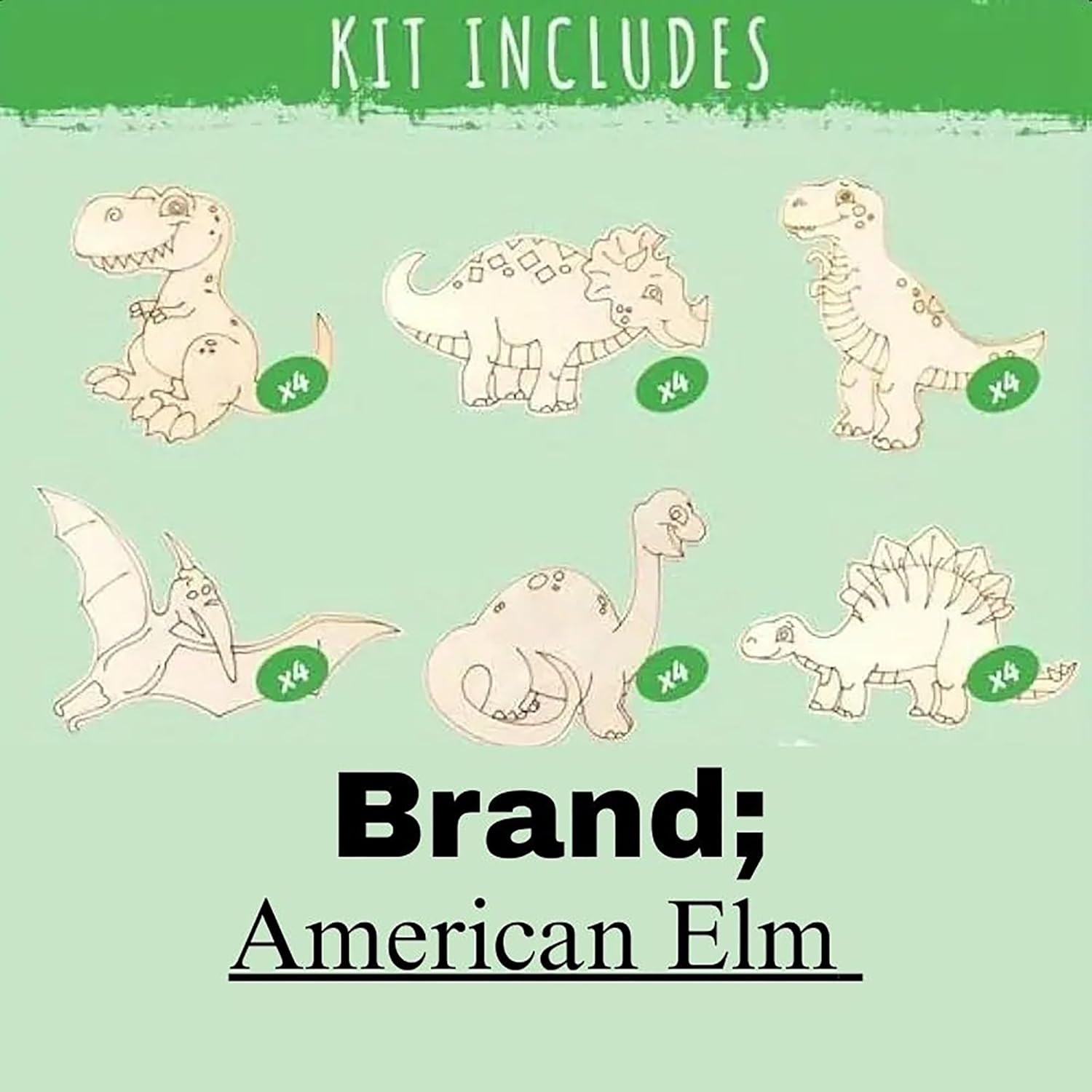 Dinosaur illustrations on a green background with 'American Elm' branding.