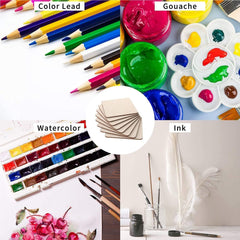 Collage of art supplies including color lead pencils, gouache paints, watercolor sets, and ink with a painting in the background.