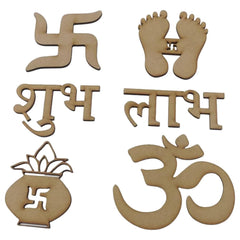 Set of wooden symbols including a swastika, feet, and Sanskrit letters on a white background.