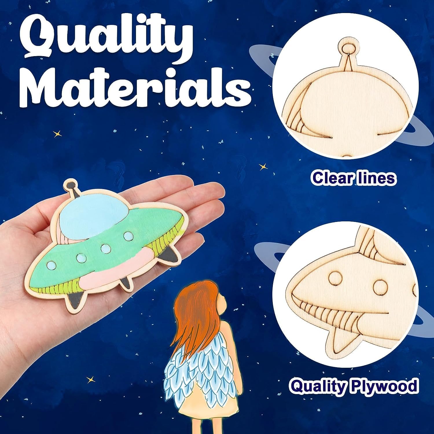 Wooden UFO ornament held by a hand with space-themed background and illustrations of UFOs and a girl.