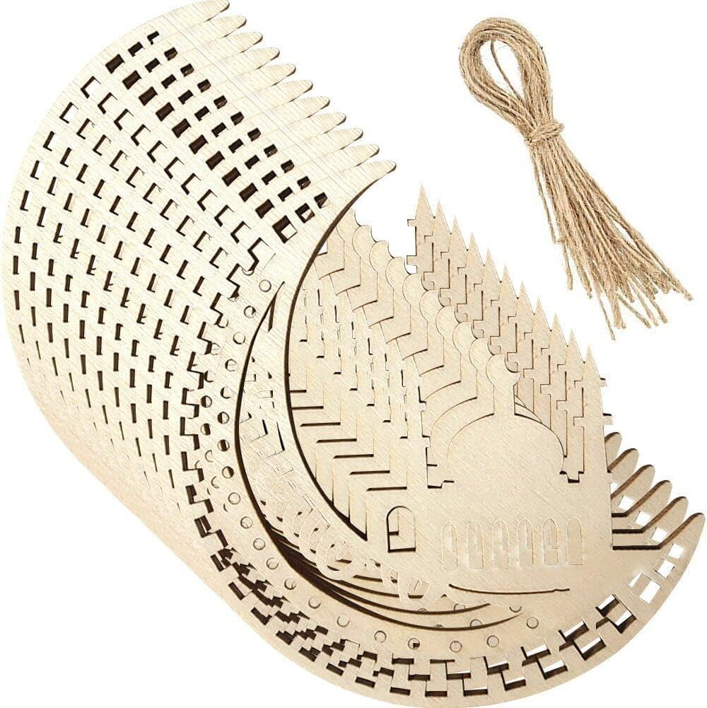 Wooden moon-shaped decorative item with intricate patterns on a white background