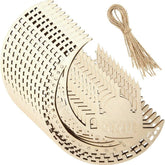 Wooden moon-shaped decorative item with intricate patterns on a white background