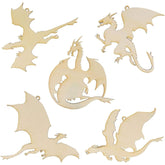 Five dragon-shaped wooden cutouts on a white background