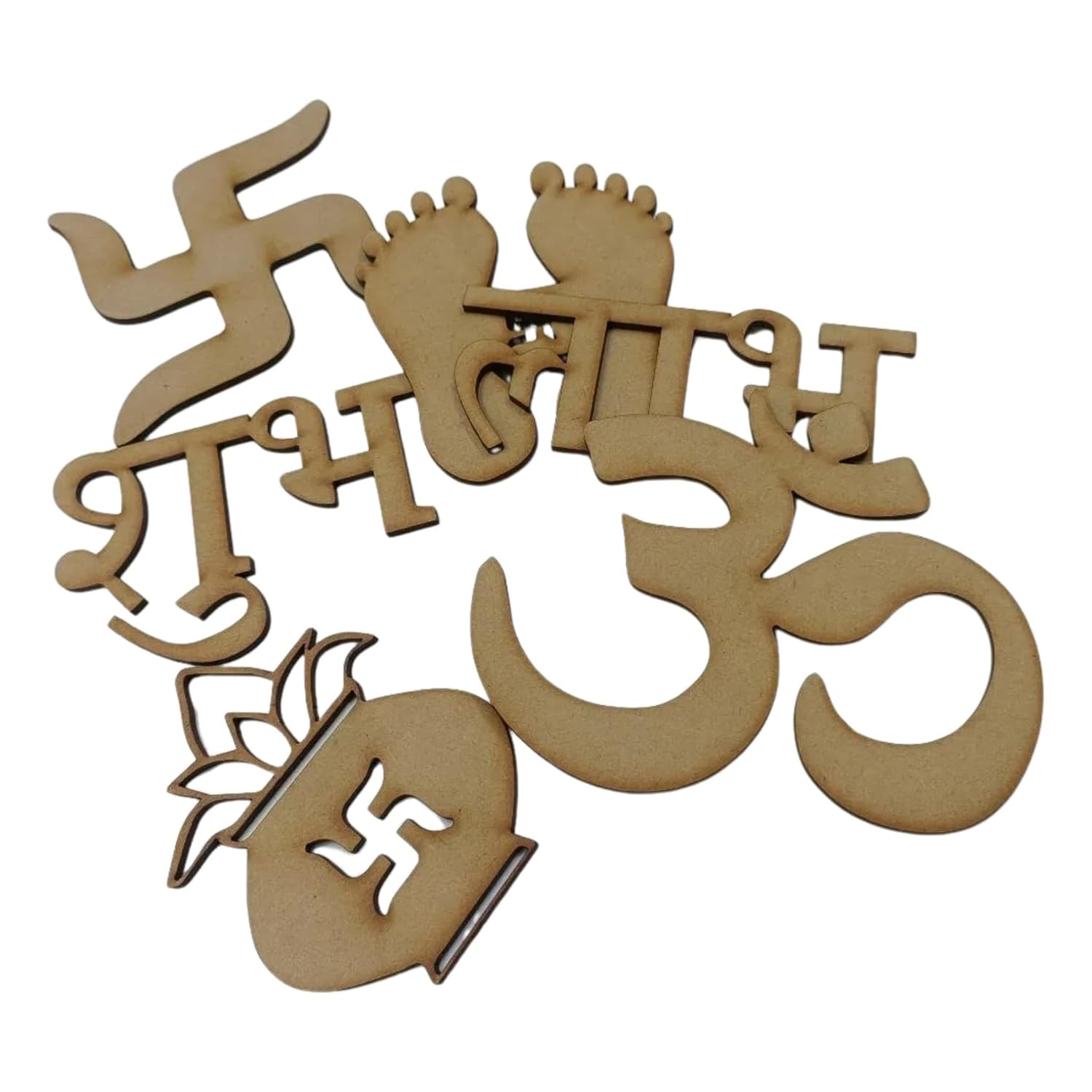 Set of wooden symbols including Om, Swastika, and feet on a white background