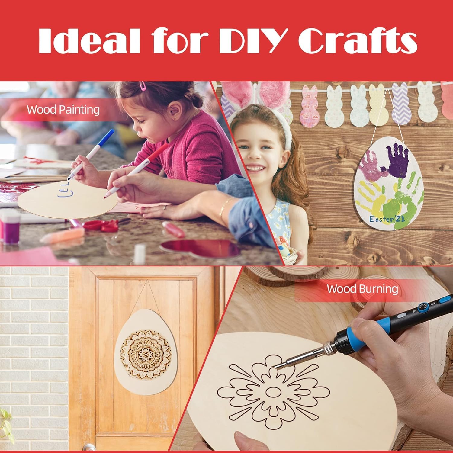 Collage of children engaging in DIY crafts with wood painting and burning, set against a red background with text 'Ideal for DIY Crafts'.