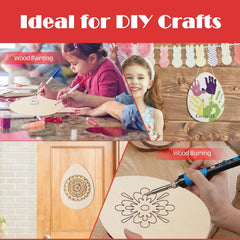 Collage of children engaging in DIY crafts with wood painting and burning, set against a red background with text 'Ideal for DIY Crafts'.