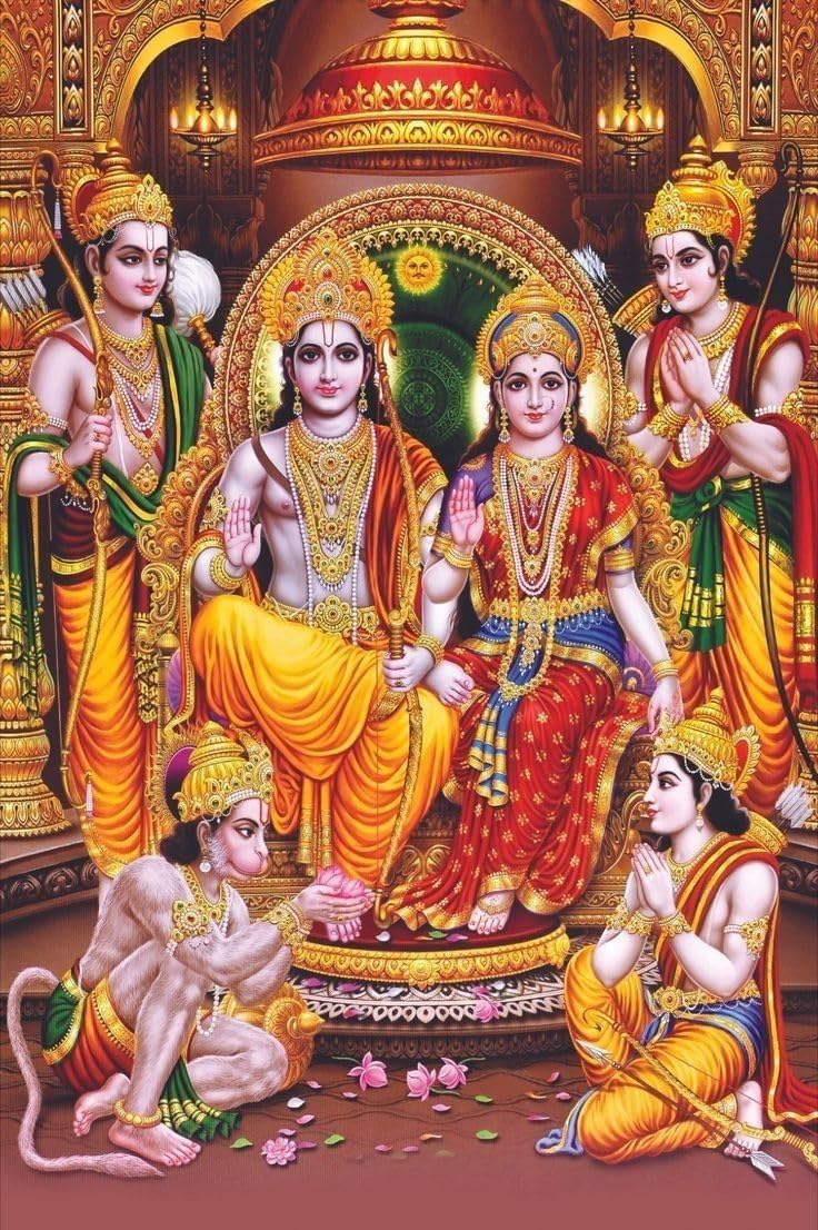 Decorative image of deities in traditional attire with intricate details