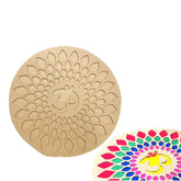 Round wooden stamp with intricate design and colorful version of the same stamp.