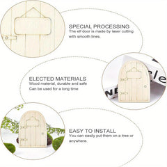 Wooden fairy door with text on special processing, material selection, and installation ease.