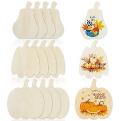 Set of pumpkin-shaped cutting boards with fall-themed designs on a white background