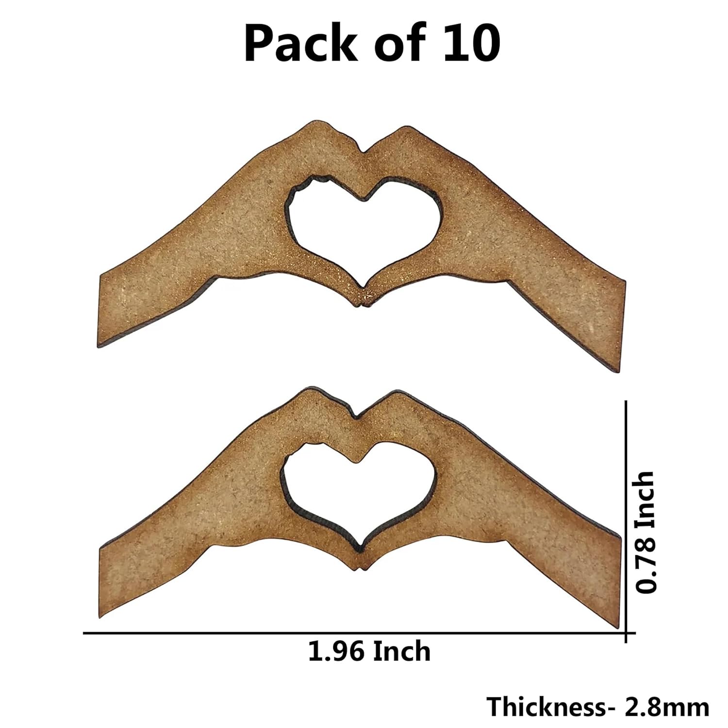 Two wooden cutouts of hands making heart shapes with measurements