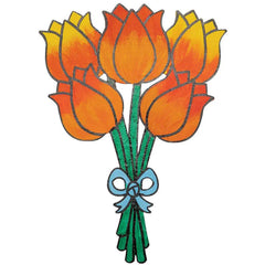 Bouquet of orange tulips with a blue ribbon on a white background