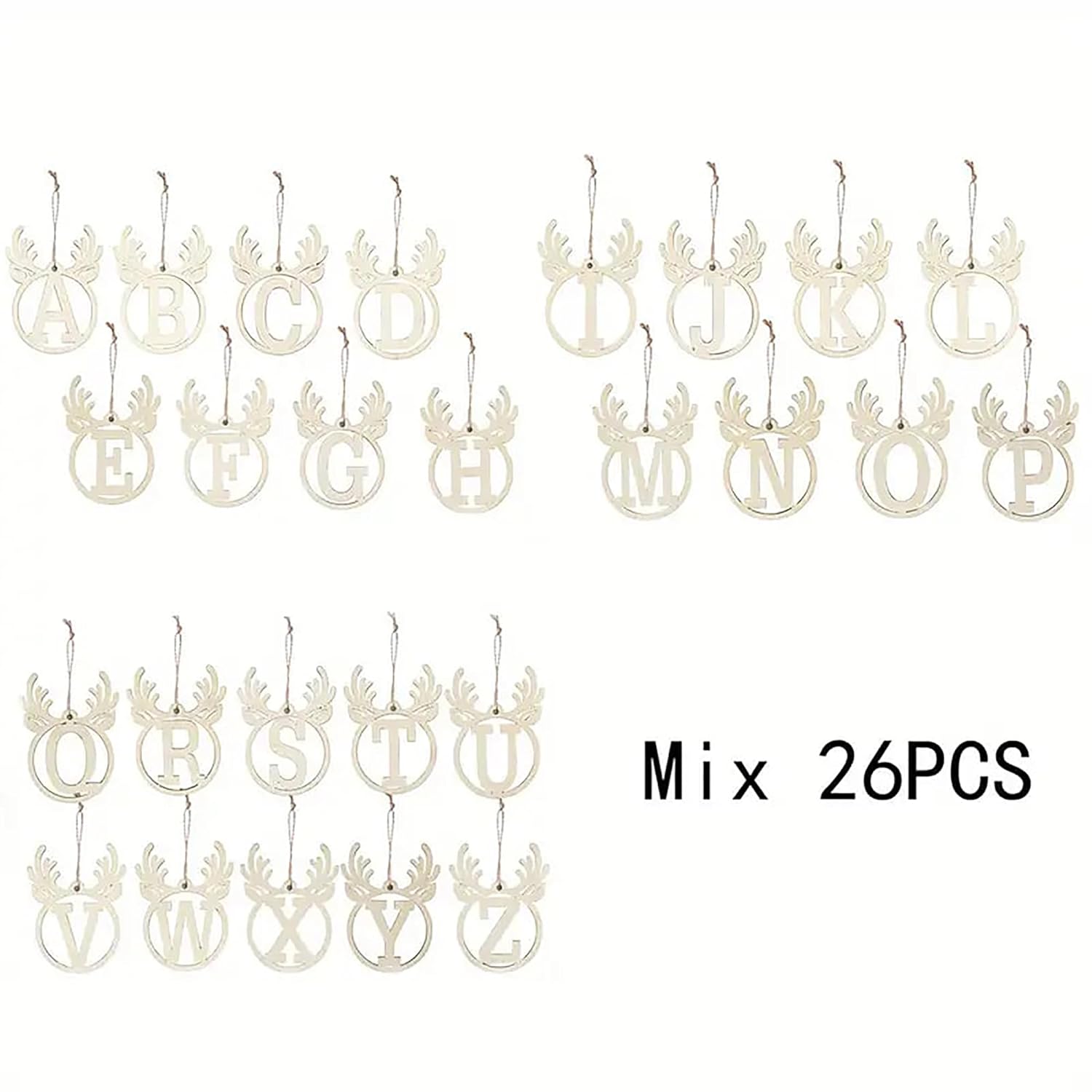 Set of 26 white letter-shaped ornaments with deer antlers on a white background.