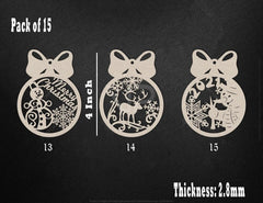 Three Christmas-themed cutouts with measurements and thickness details on a black background
