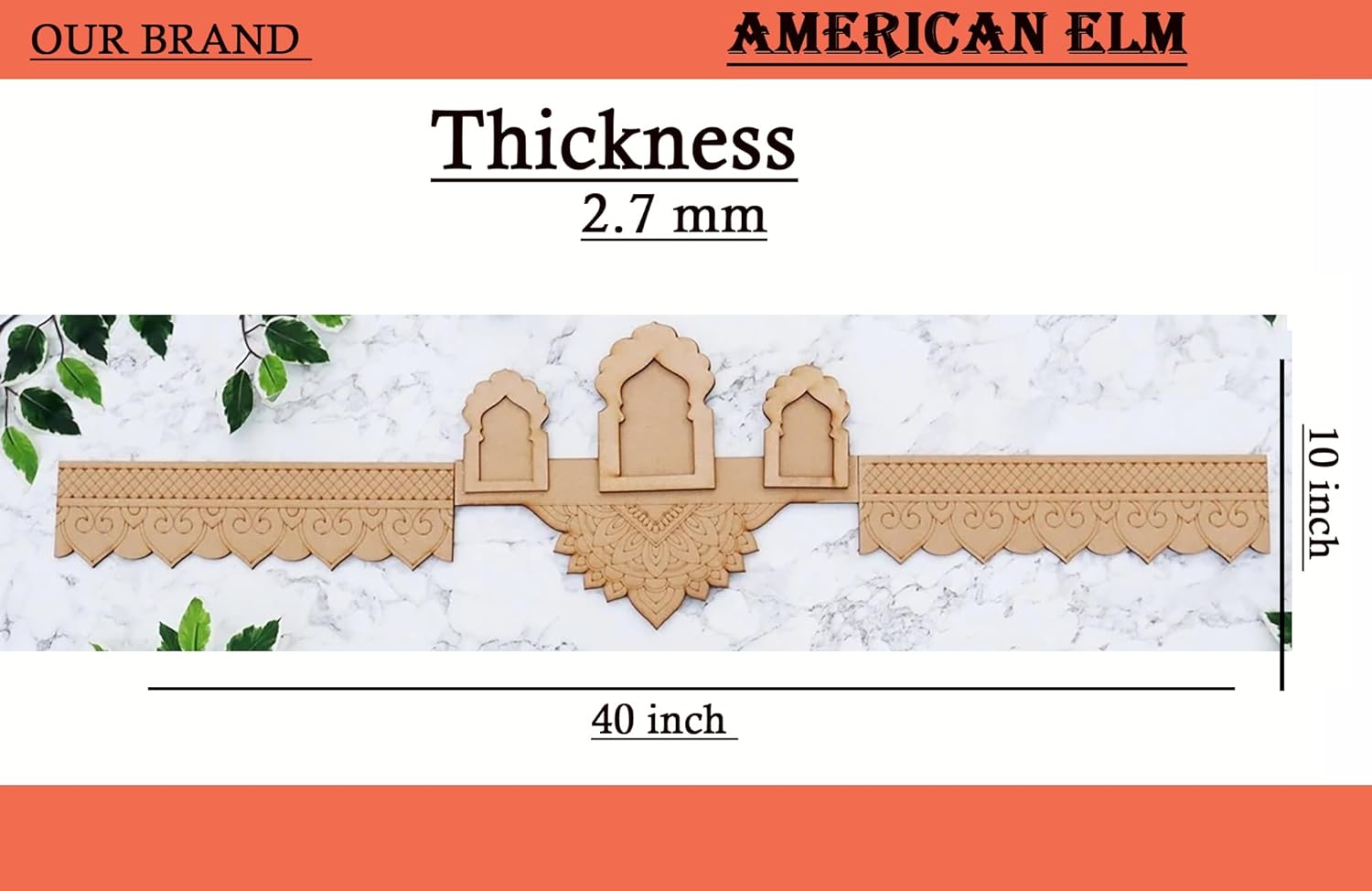 Decorative wooden molding with measurements on a white background, branded 'American Elm'.