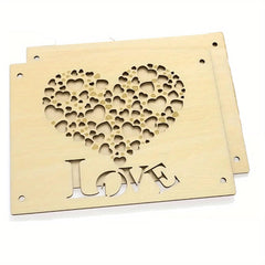 Wooden stencil with heart design and 'LOVE' text on a white background