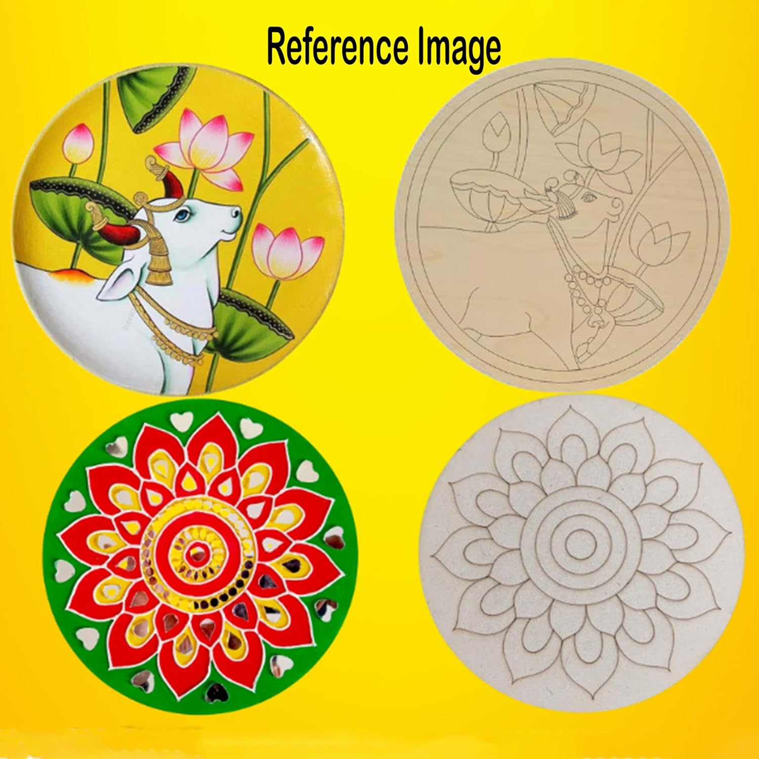 Four circular designs on a yellow background, including a goat with flowers, a deer with flowers, a colorful floral design, and a geometric pattern.