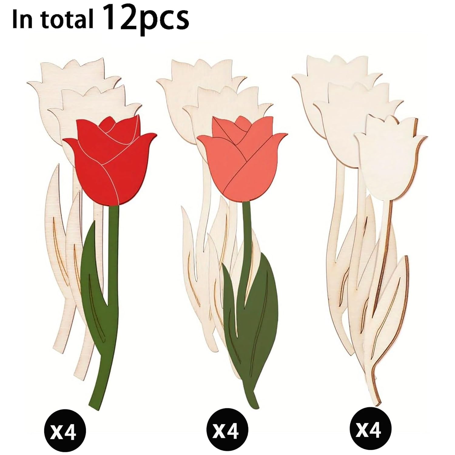 Three tulip-shaped wooden decorations with red, pink, and beige flowers on a white background.