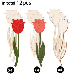 Three tulip-shaped wooden decorations with red, pink, and beige flowers on a white background.