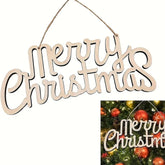 Wooden 'Merry Christmas' sign with a close-up of a decorated Christmas tree.