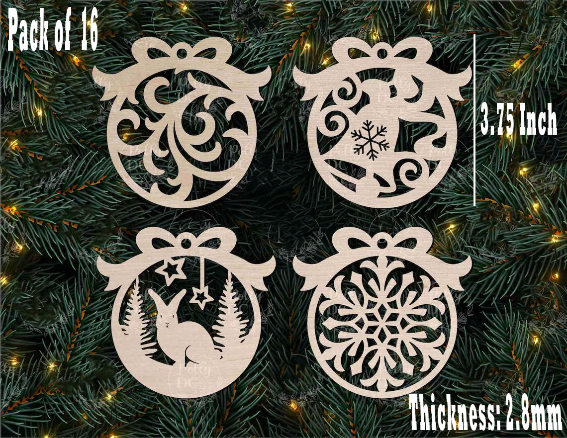 Four decorative wooden ornaments on a Christmas tree with measurements and details.
