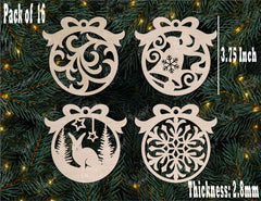 Four decorative wooden ornaments on a Christmas tree with measurements and details.
