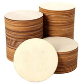 Stacks of round wooden coasters on a white background