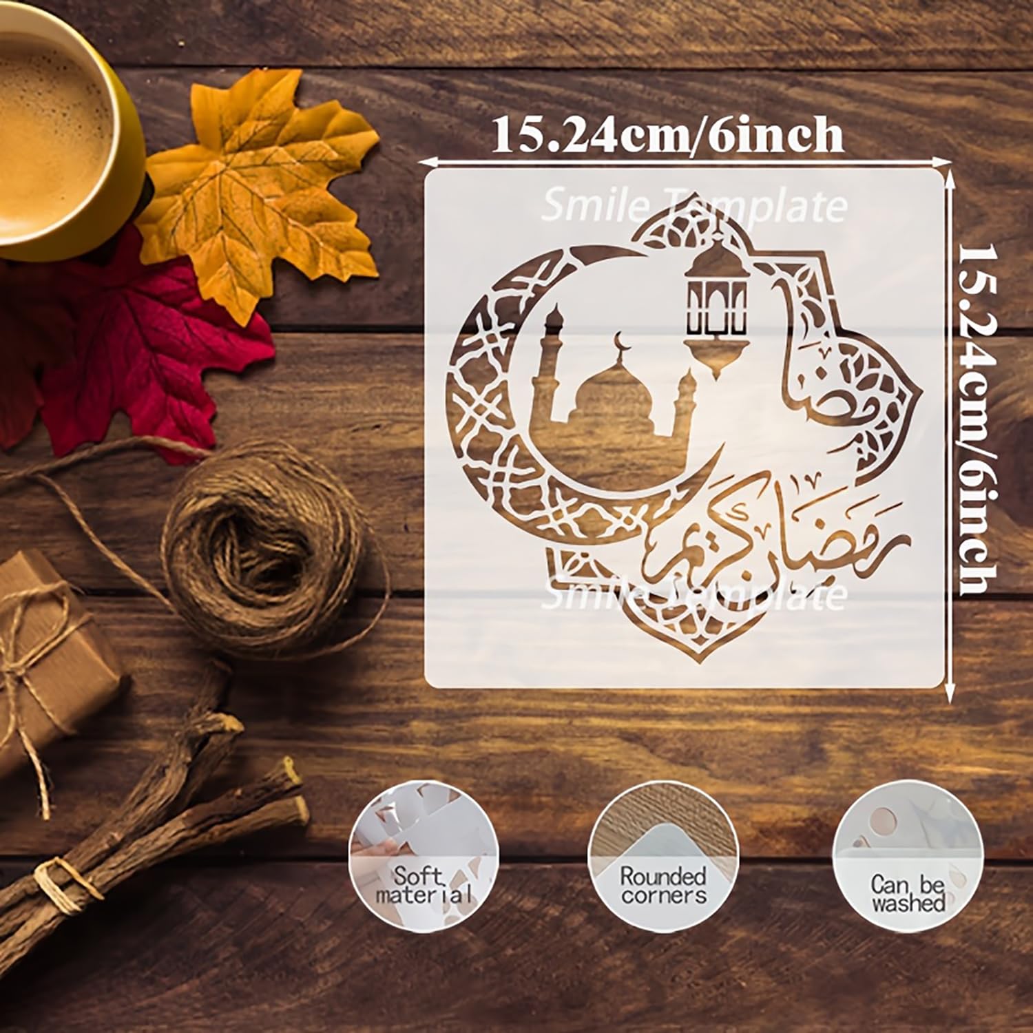 This Ramadan Eid plastic stencil features elegant moon, lantern,