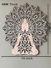 Decorative wall art with Buddha silhouette and mandala design, shown with measurements on a gray background.