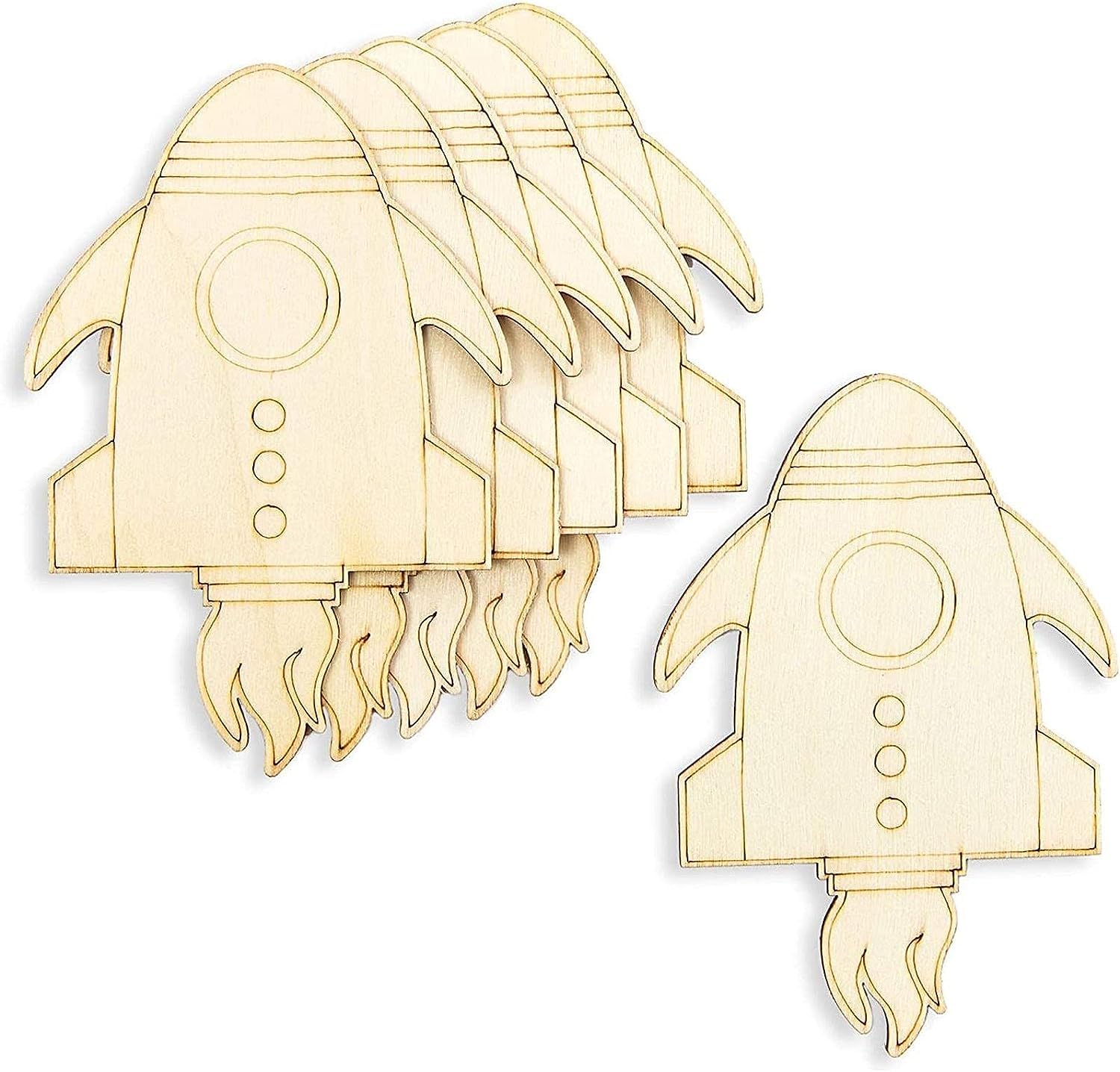 Wooden rocket ship models on a white background