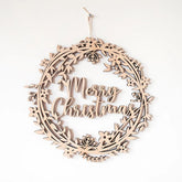 Wooden wreath with 'Merry Christmas' text on a white background
